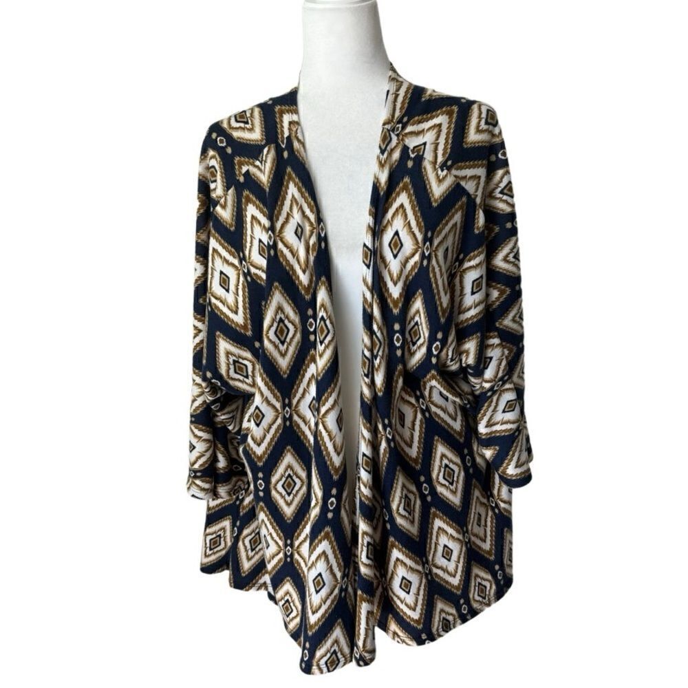 LuLaRoe Open Front Cascade Blue Aztec Kimono Sweater L